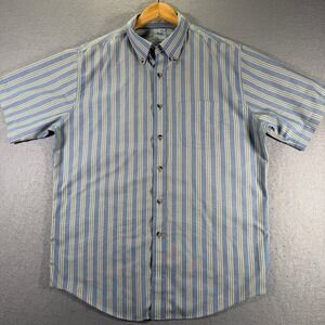 LL Bean Mens Striped Button Down Short Sleeve Shirt Trim Fit‎ L-REG Cotton